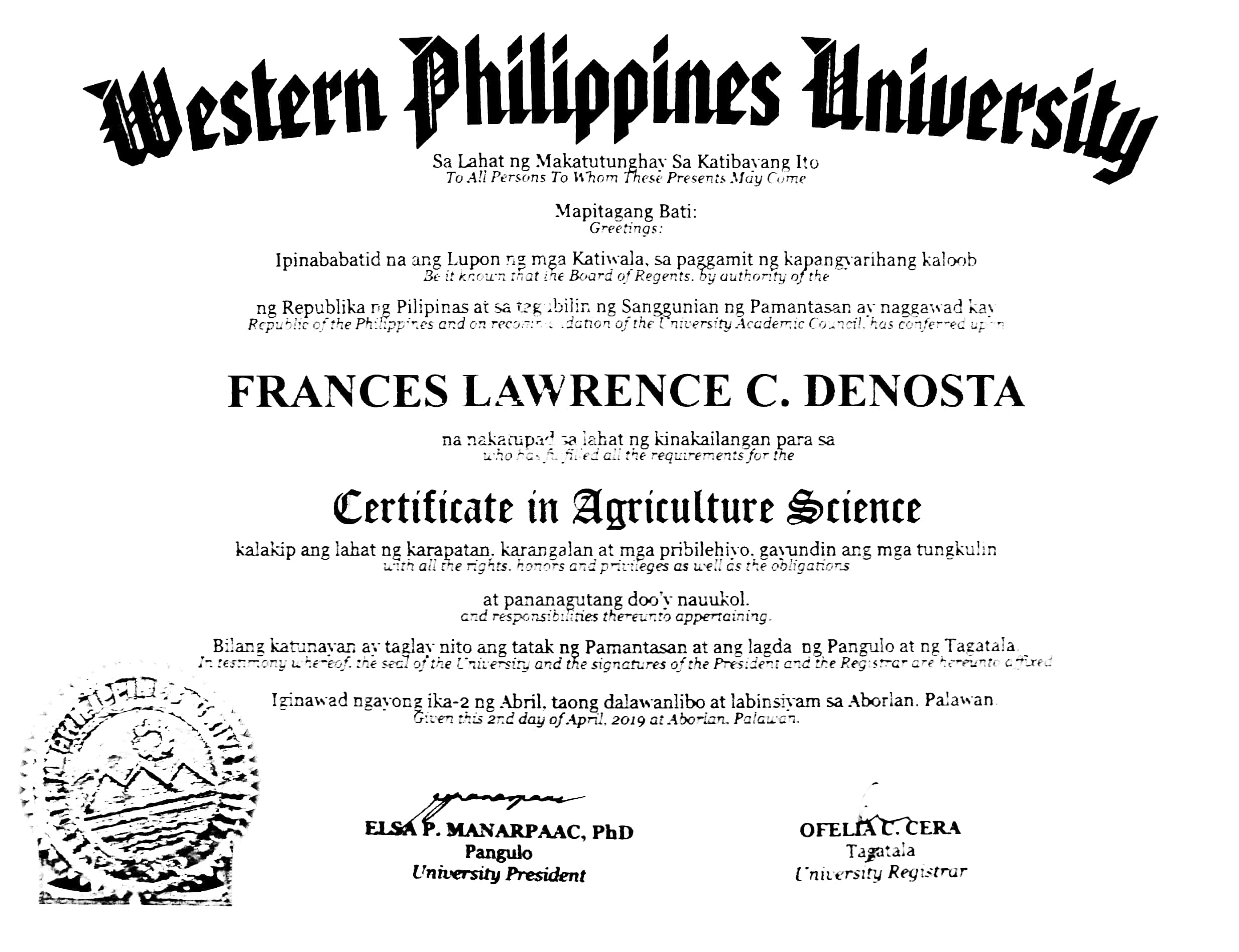 Certificate in Agriculture Science