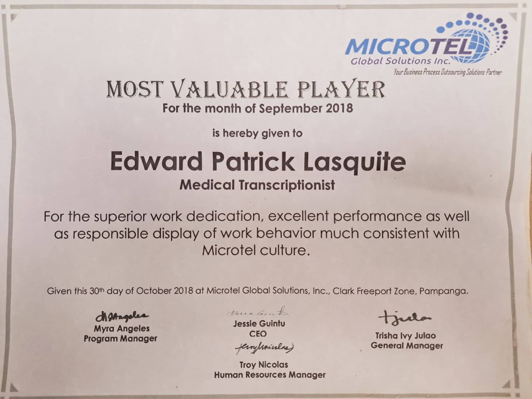 MVP Award  for the Month of September 2018