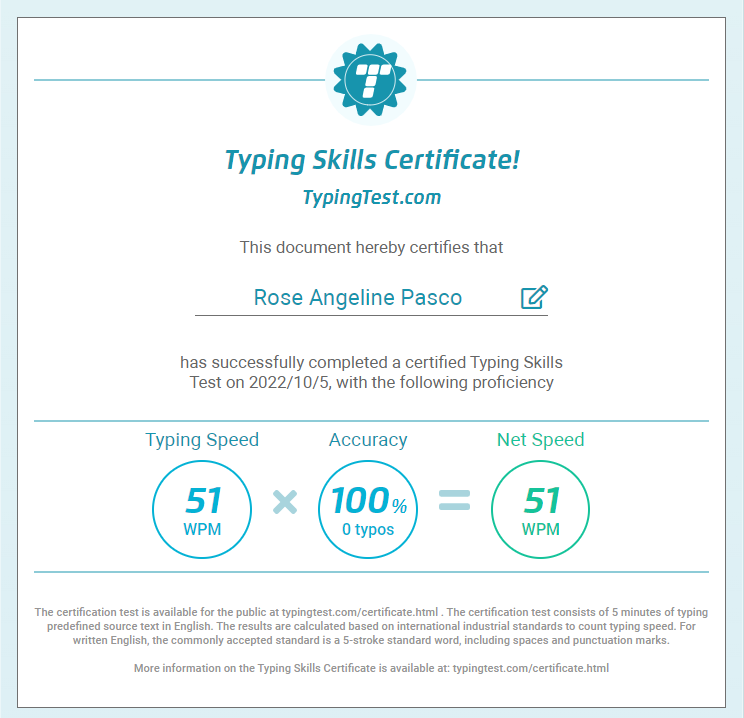 Typing test certificate