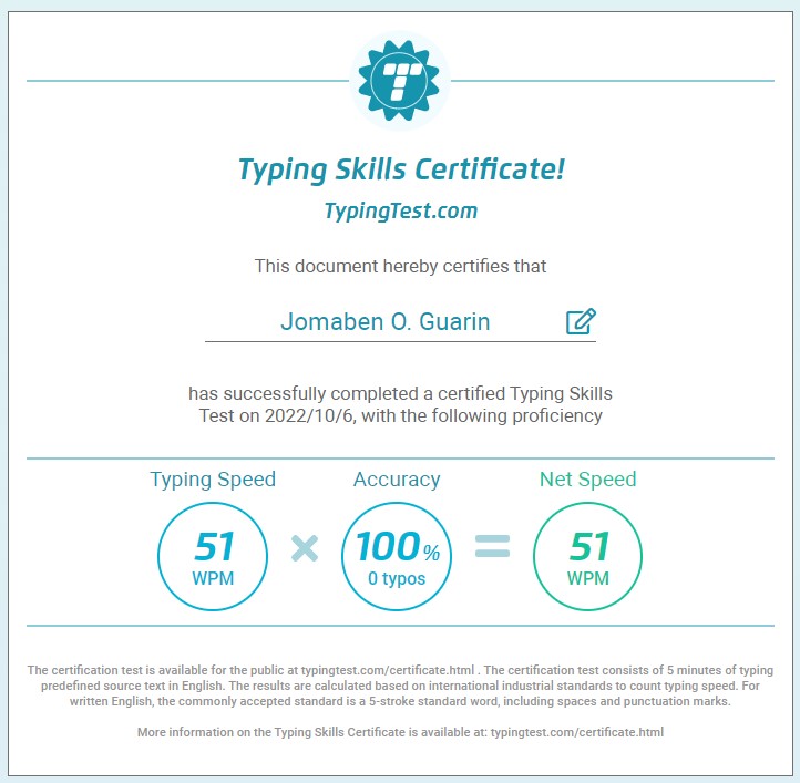 Typing Skills Certificate!