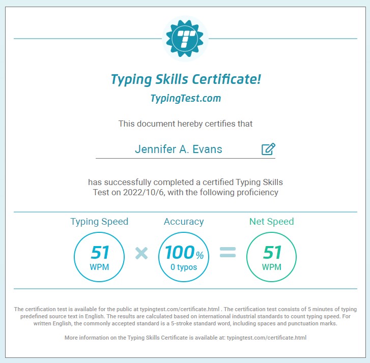 Typing Test Certificate