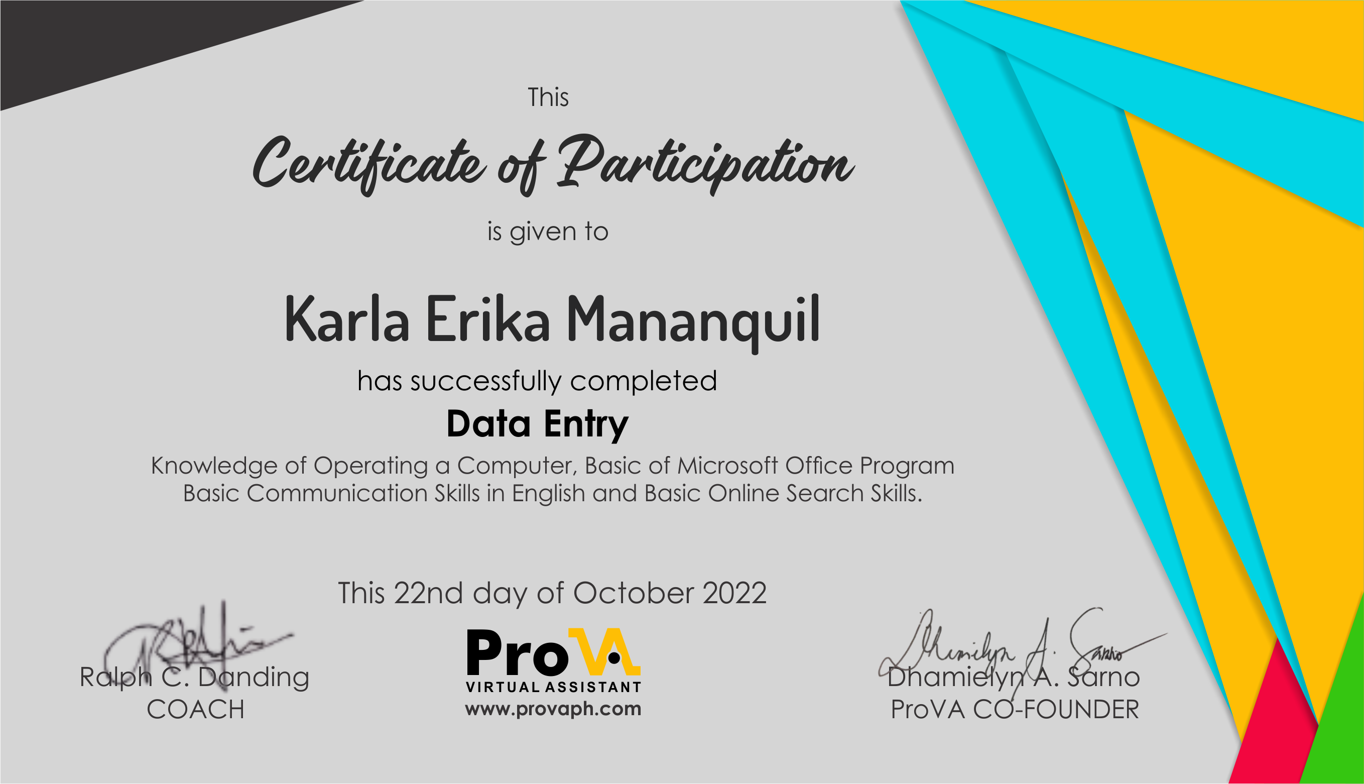 DATA ENTRY CERTIFICATE