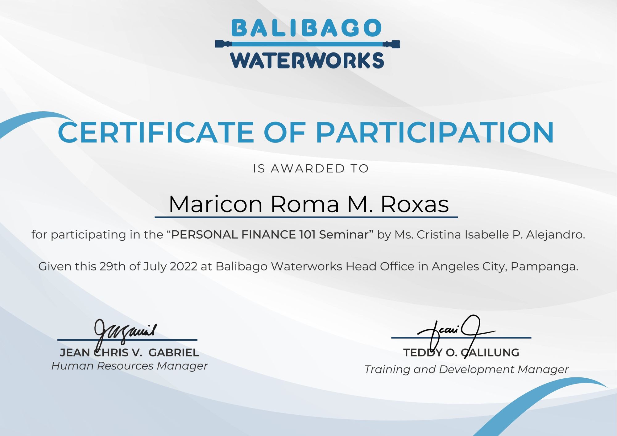 Personal Finance 101 Seminar Certificate