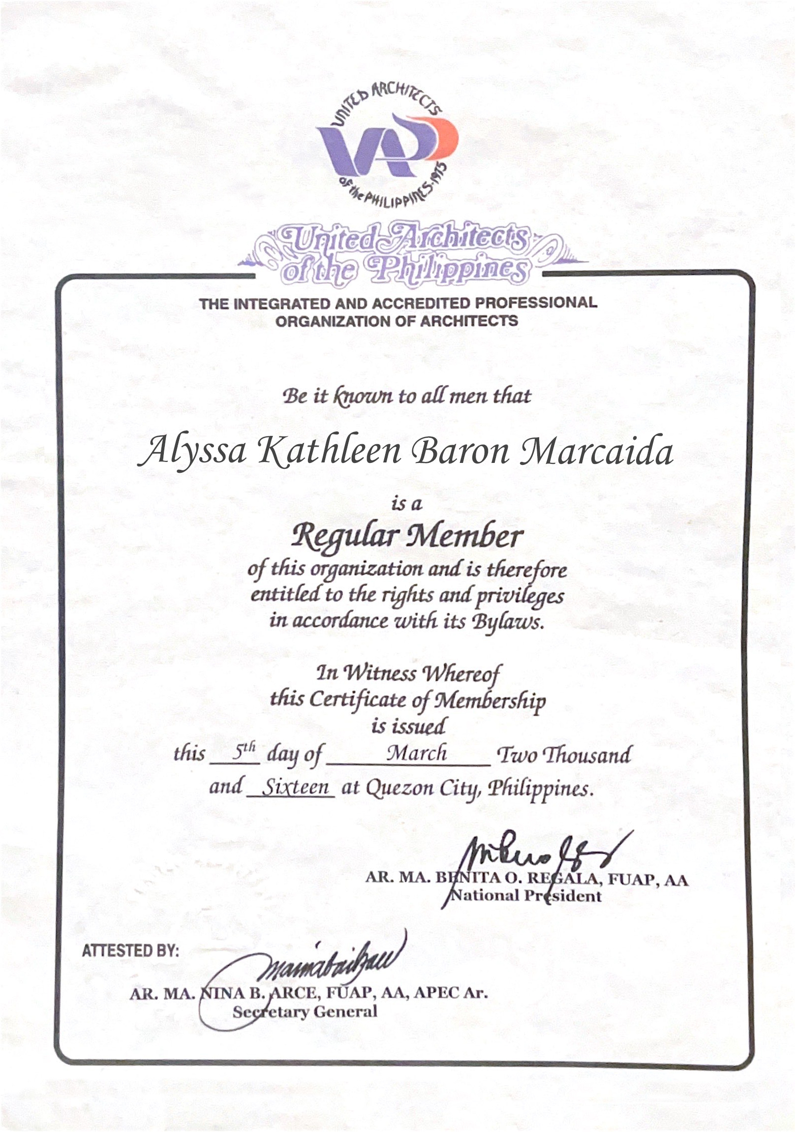 United Architects of the Philippines Certificate of Membership