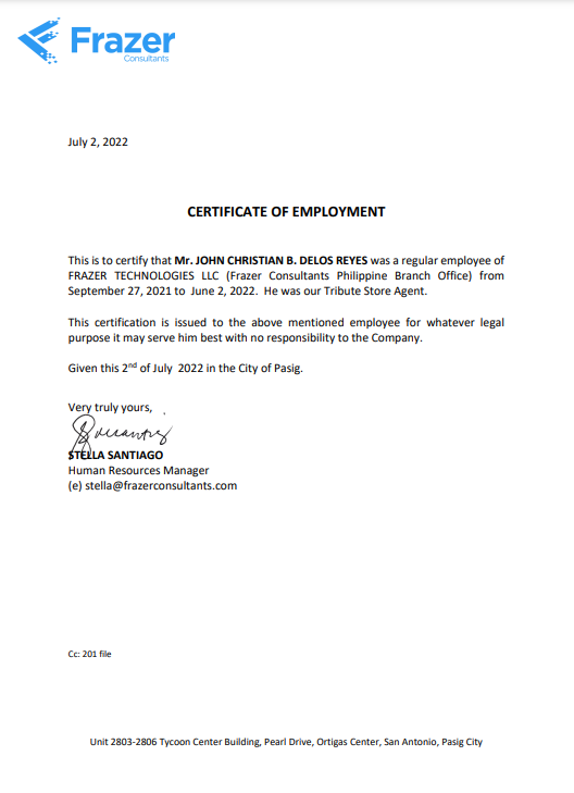 Certificate of Employment - Frazer Consultants LLC