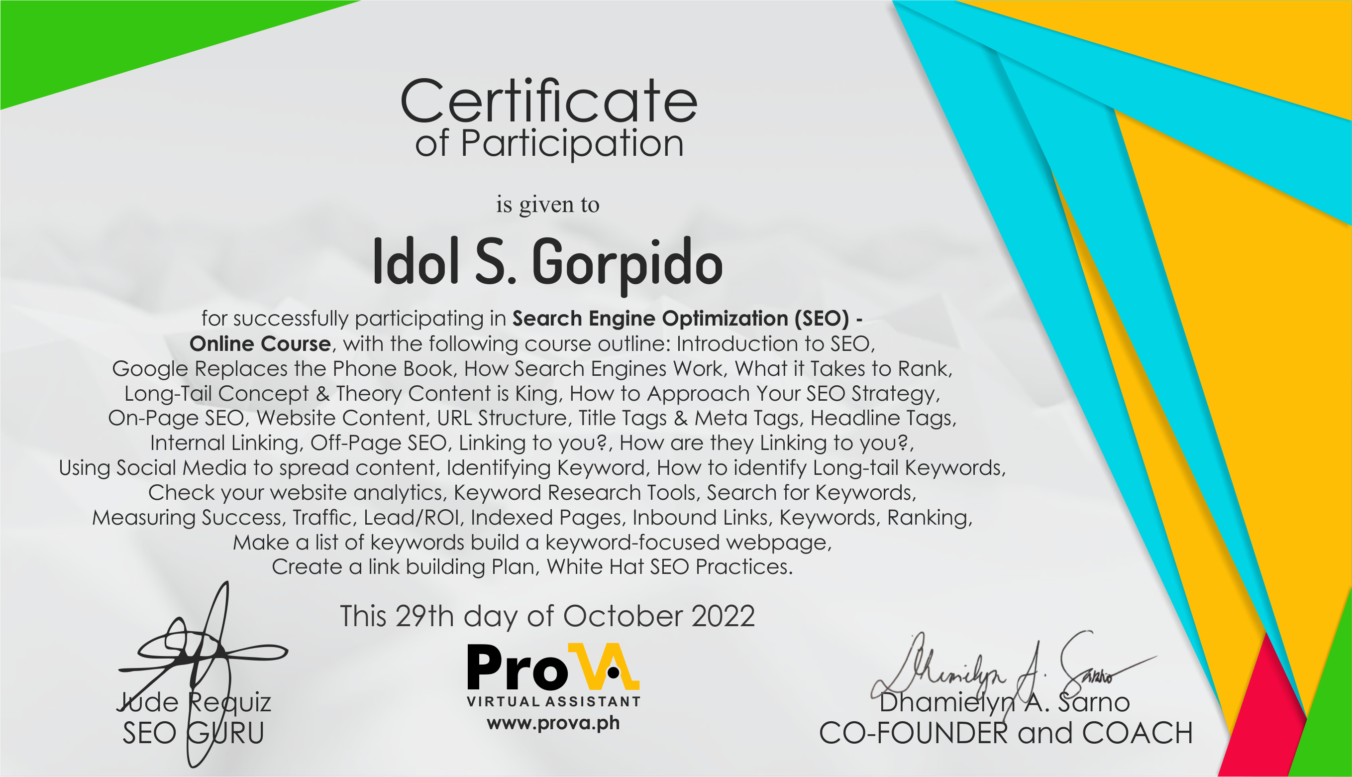 PrOVA SEO Certificate