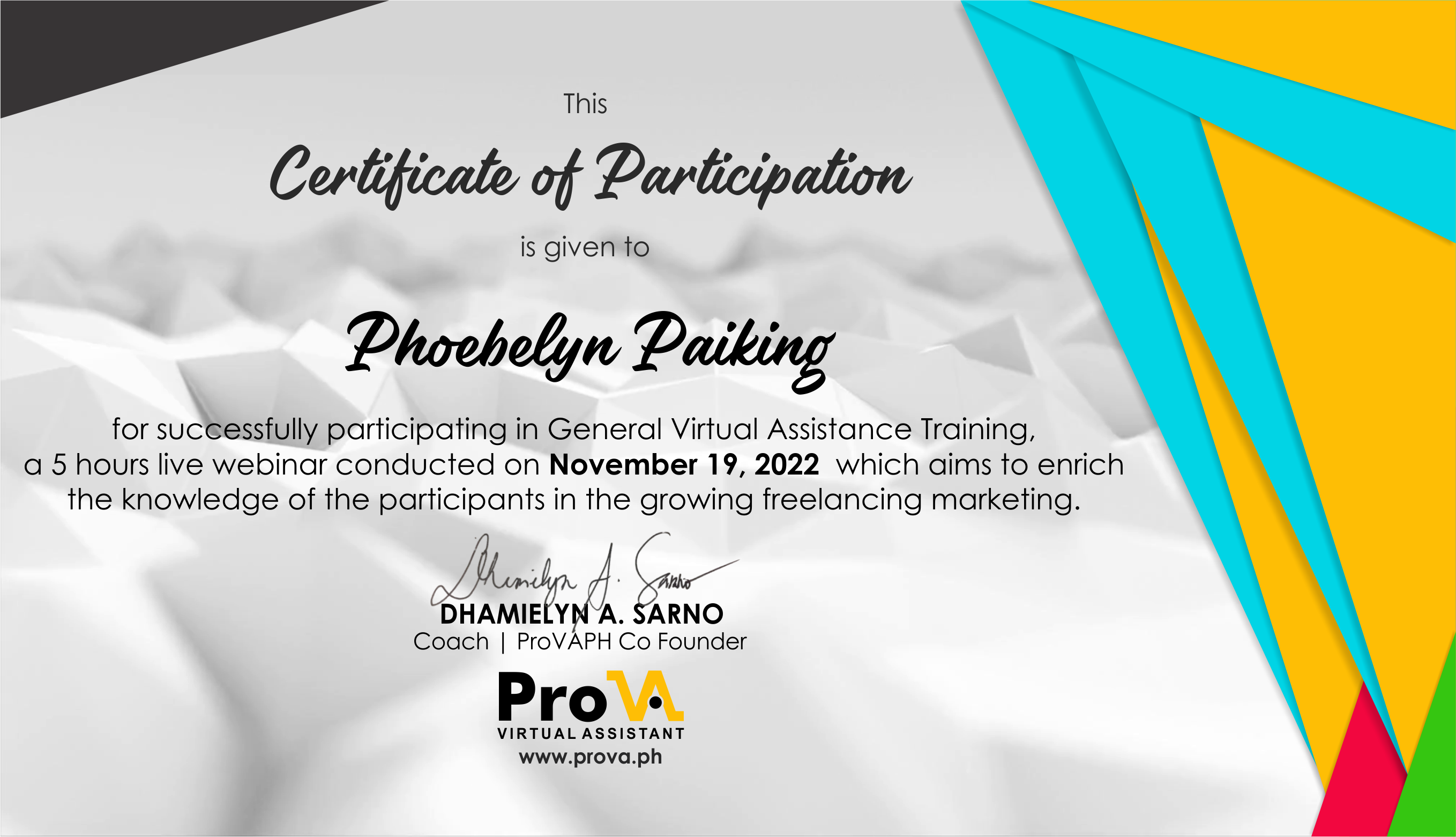 General Virtual Assistance training certificate