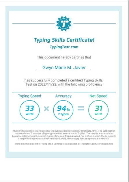 Typing Test Certificate