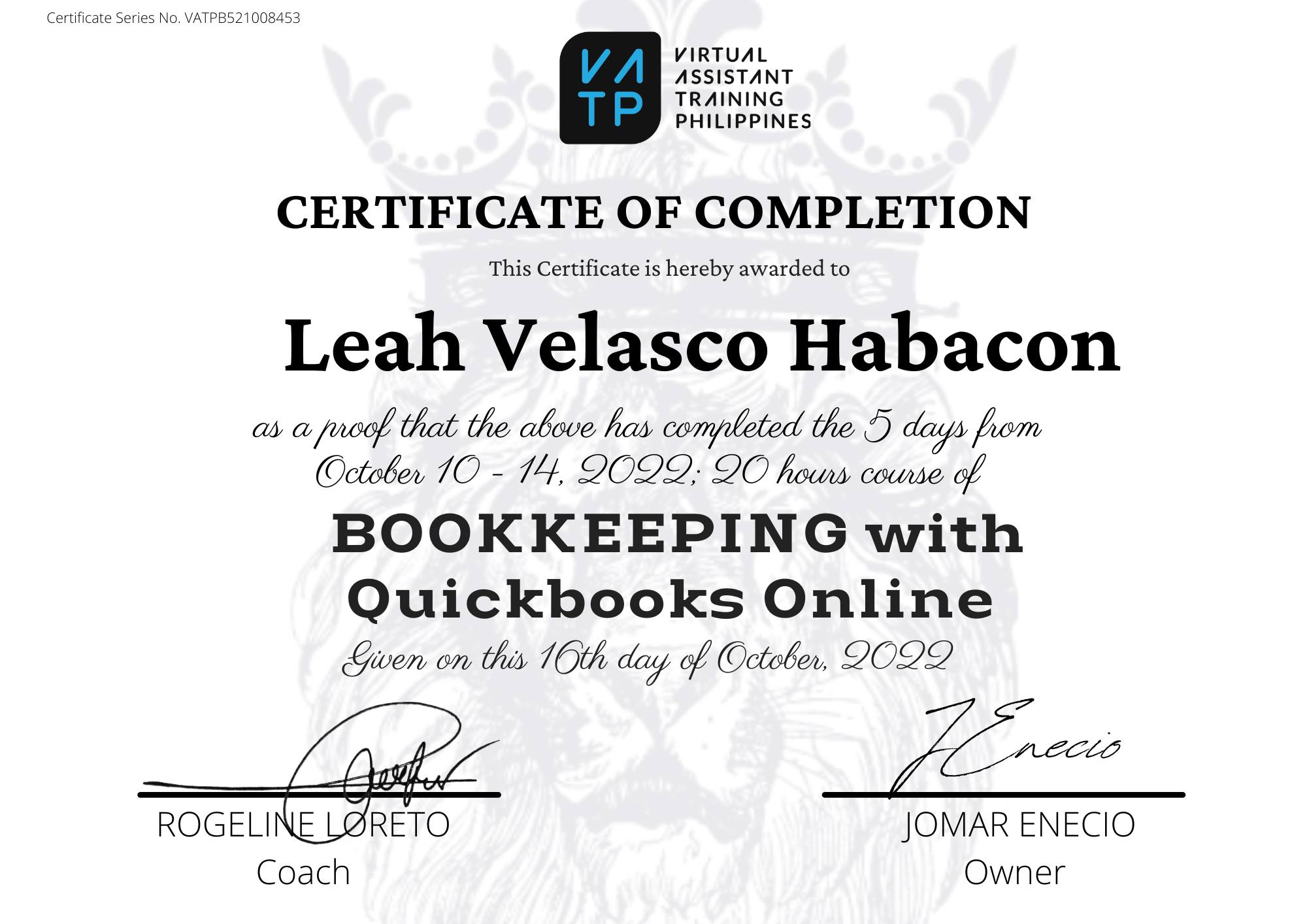QBO Certificate of Completion