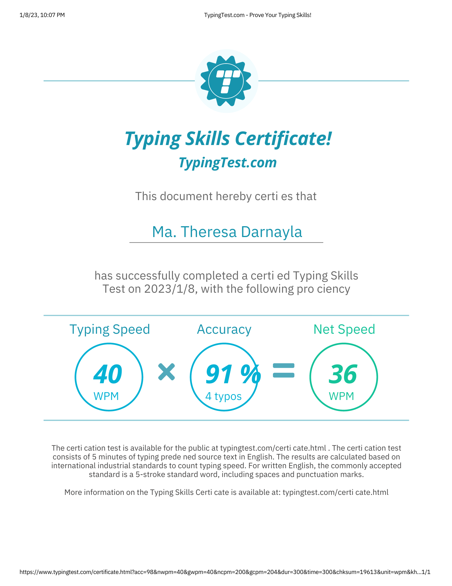 TYPING TEST CERTIFICATE