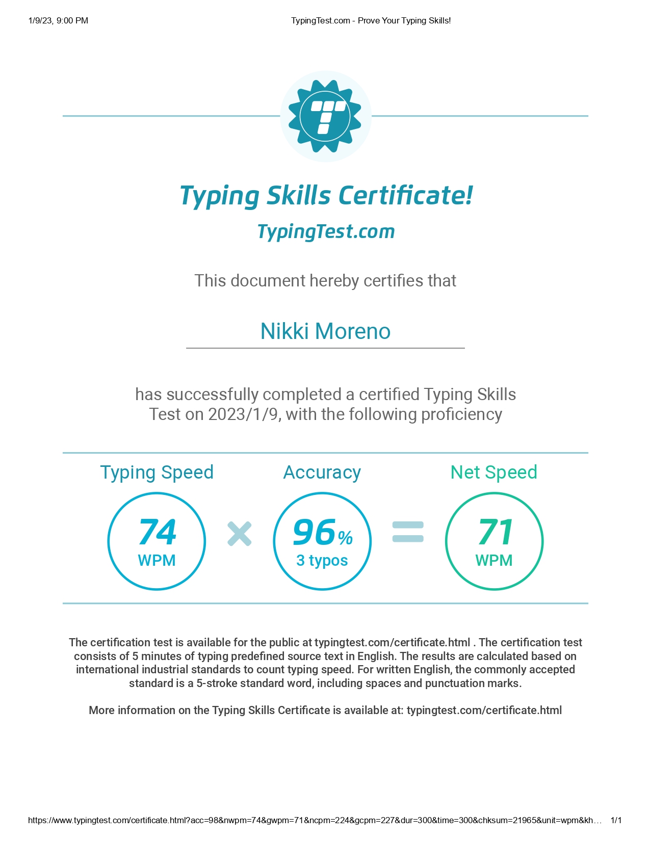 Typing Test Certificate