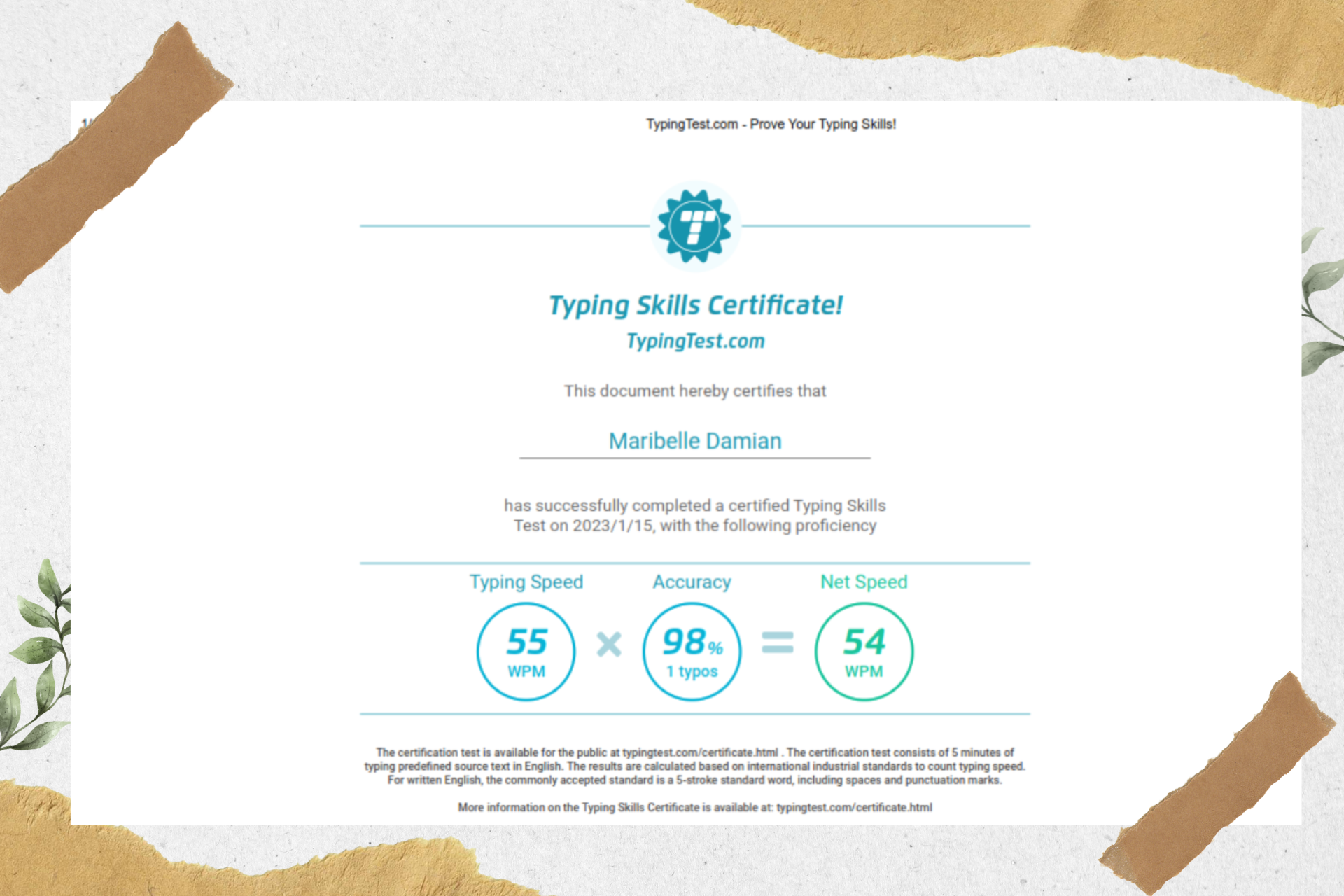 Typing Skills Certificate