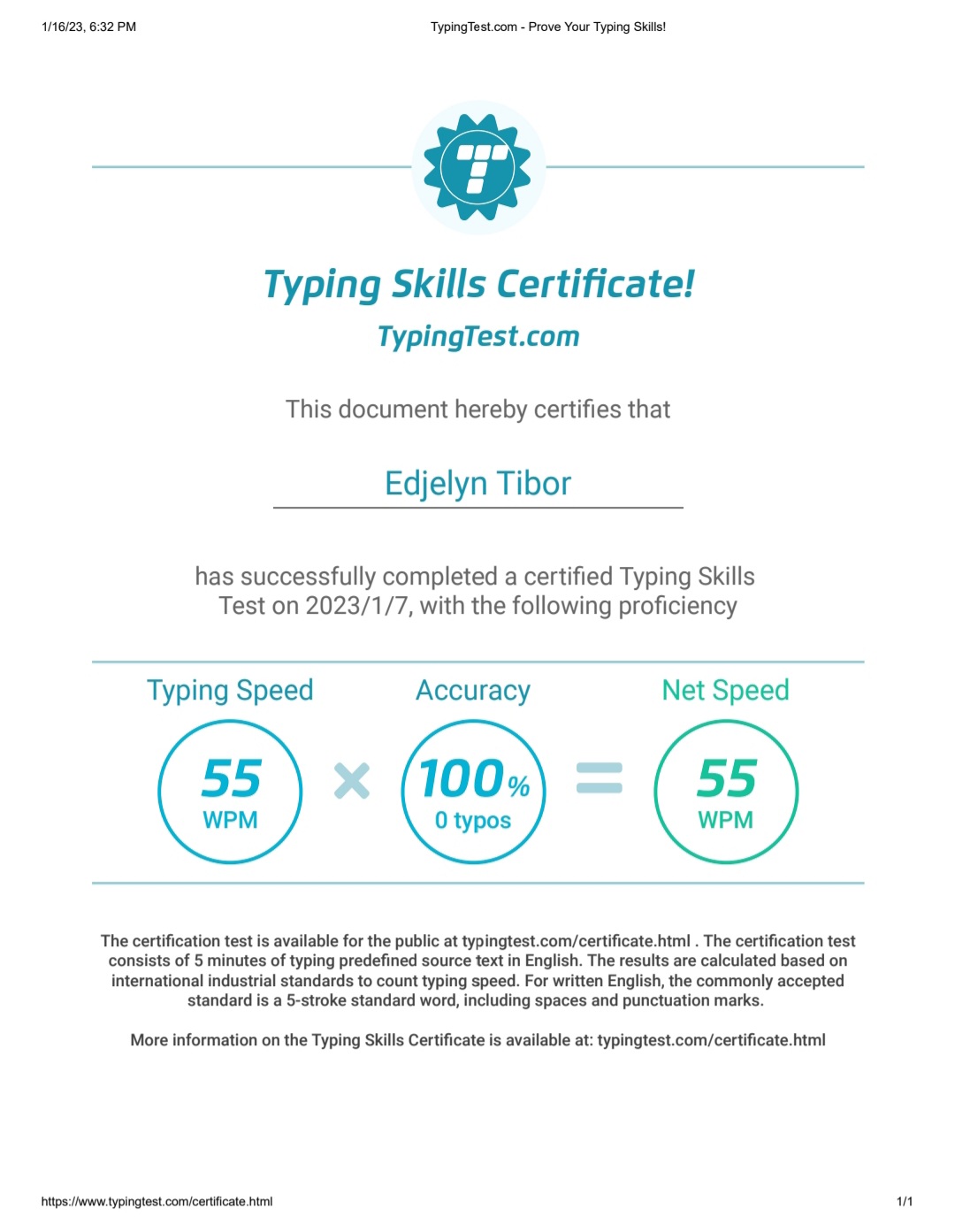 Typing Skills Certificate