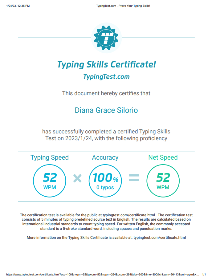 Typing Test Certificate