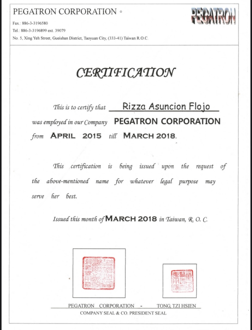 Certificate in Taiwan