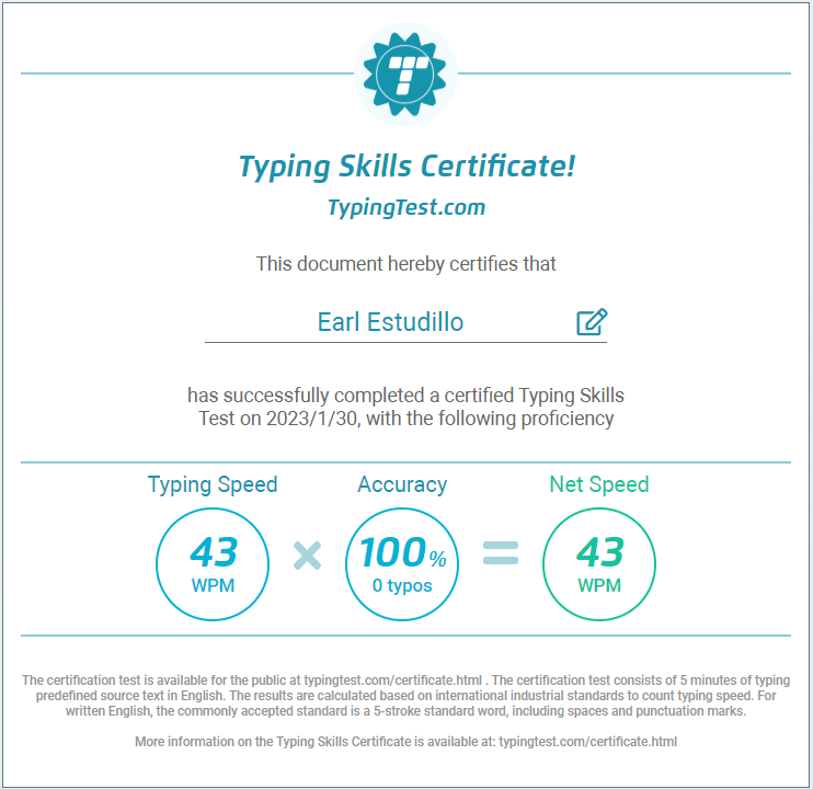 Typing Skills Certificate