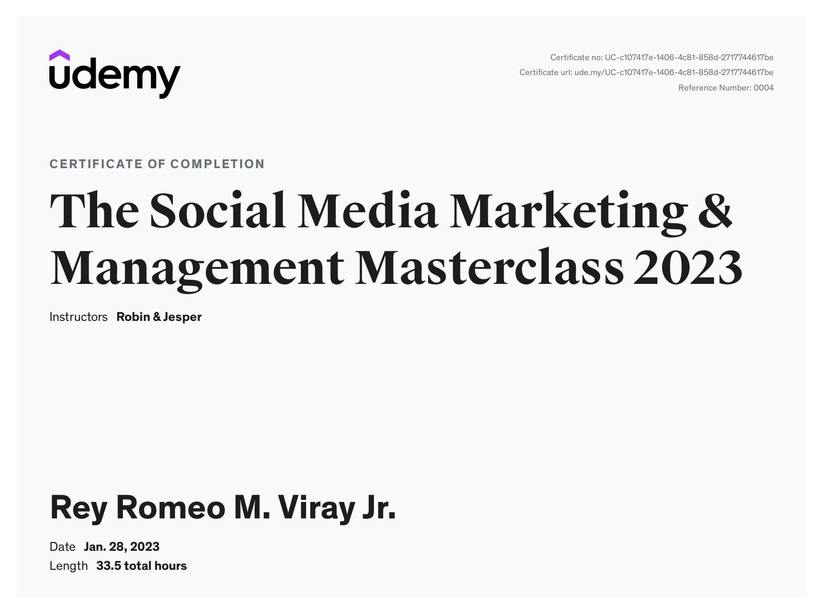 The Social Media Marketing & Management Masterclass 2023 - Udemy.com | Certificate of Completion