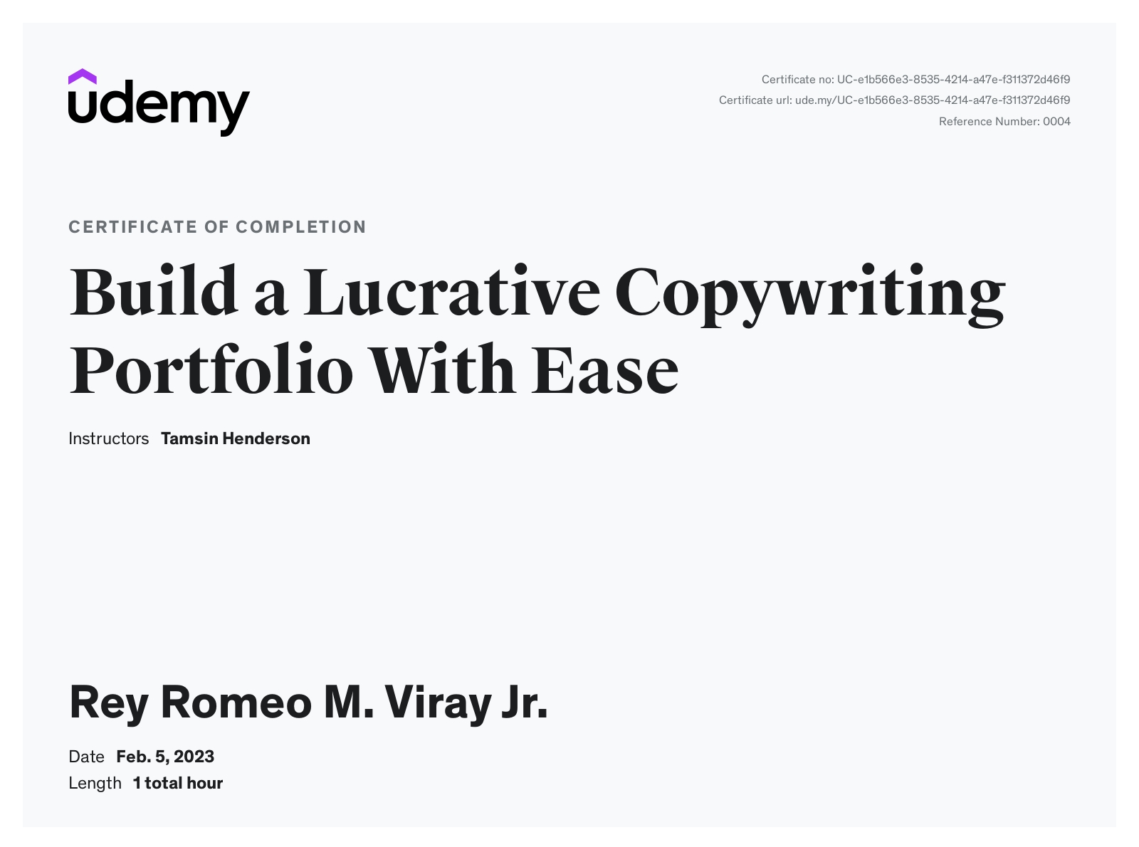 Build a Lucrative Copywriting Portfolio With Ease - Udemy.com | Certificate of Completion