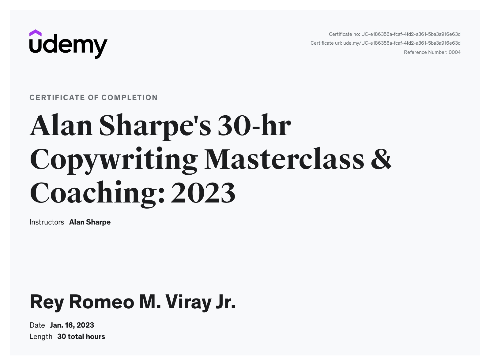 Alan Sharpe’s 30-hr Copywriting Masterclass & Coaching: 2023 - Udemy.com | Certificate of Completion