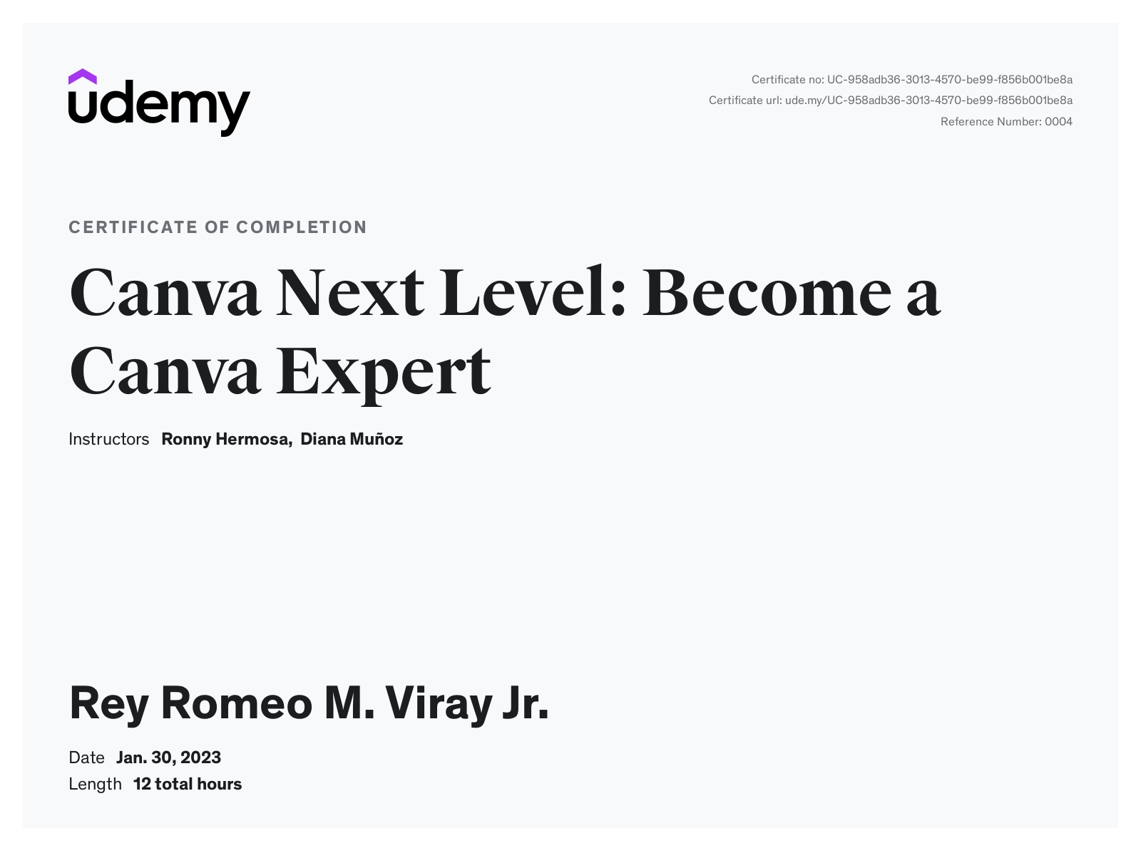 Canva Next Level: Become a Canva Expert - Udemy.com | Certificate of Completion