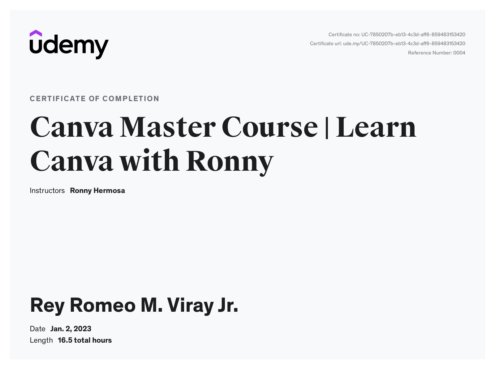 Canva Master Course | Learn Canva with Ronny - Udemy.com | Certificate of Completion