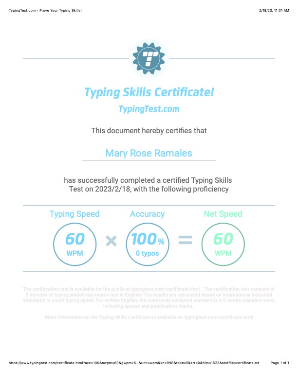 Typing Test Certificate
