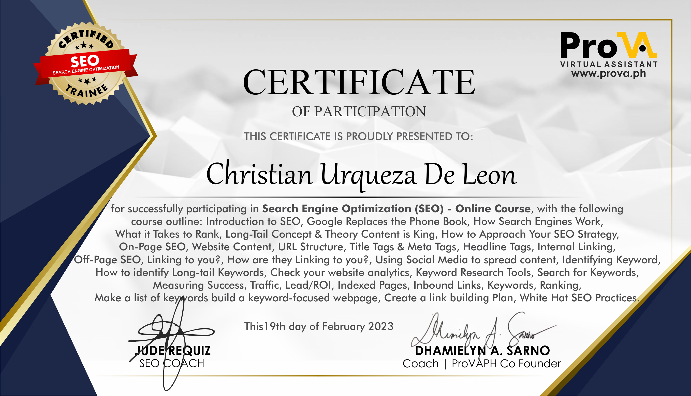 Certificate in Search Engine Optimization (ProVA Philippines)