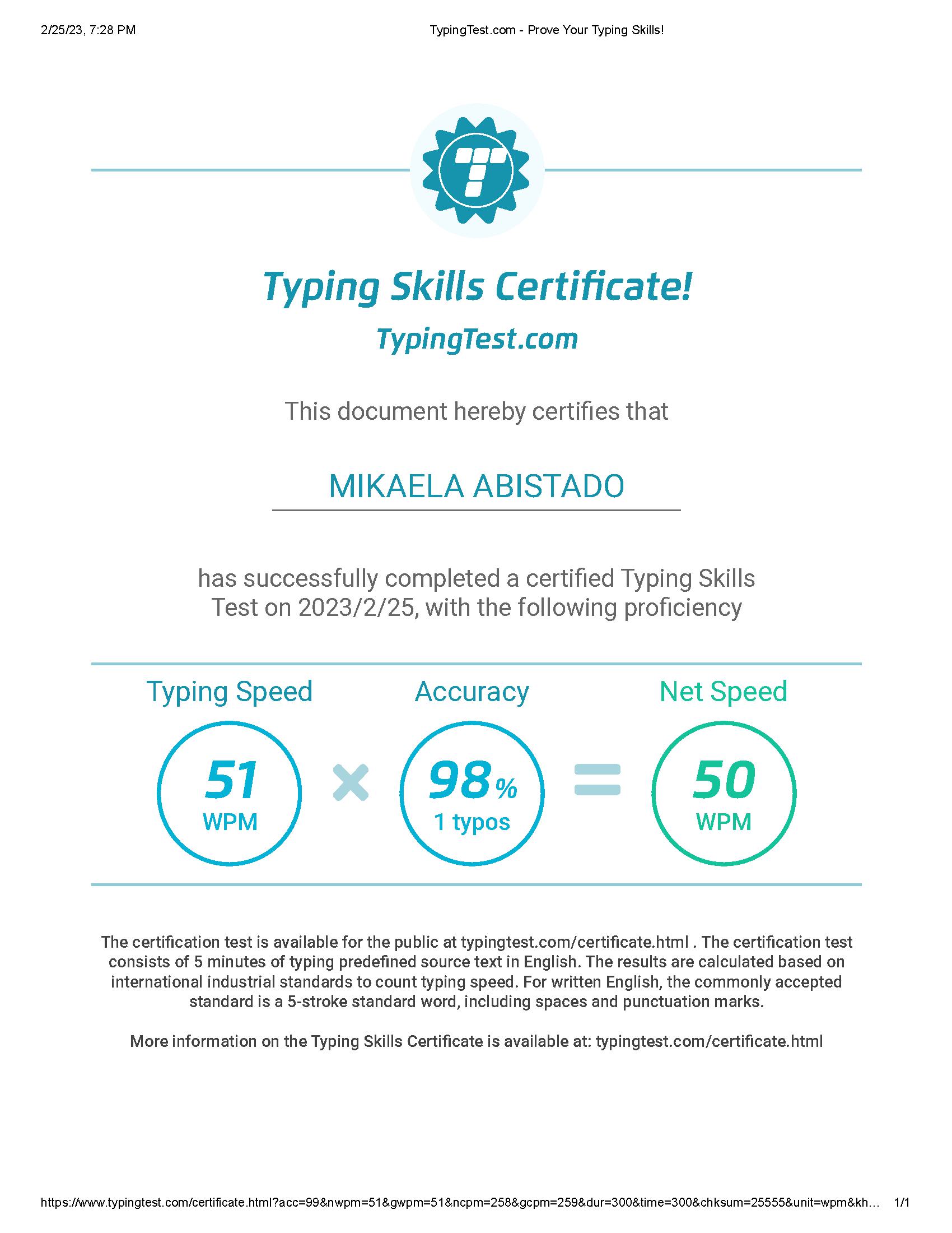 TYPING TEST CERTIFICATE