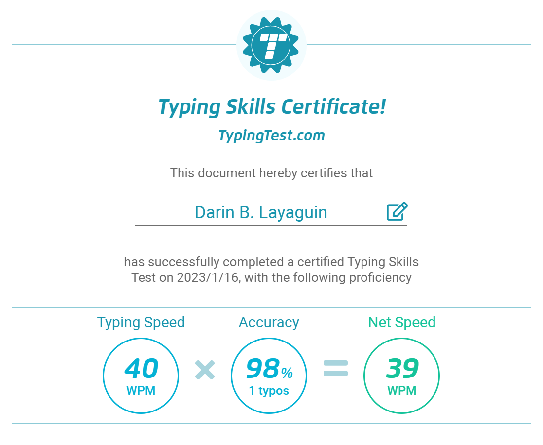 TYPING SKILLS CERTIFICATE