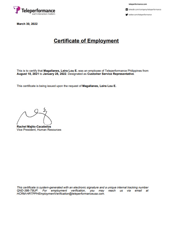 Customer Service Representative Certificate of Employment