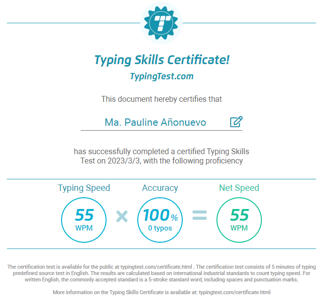 Typing Test Certificate