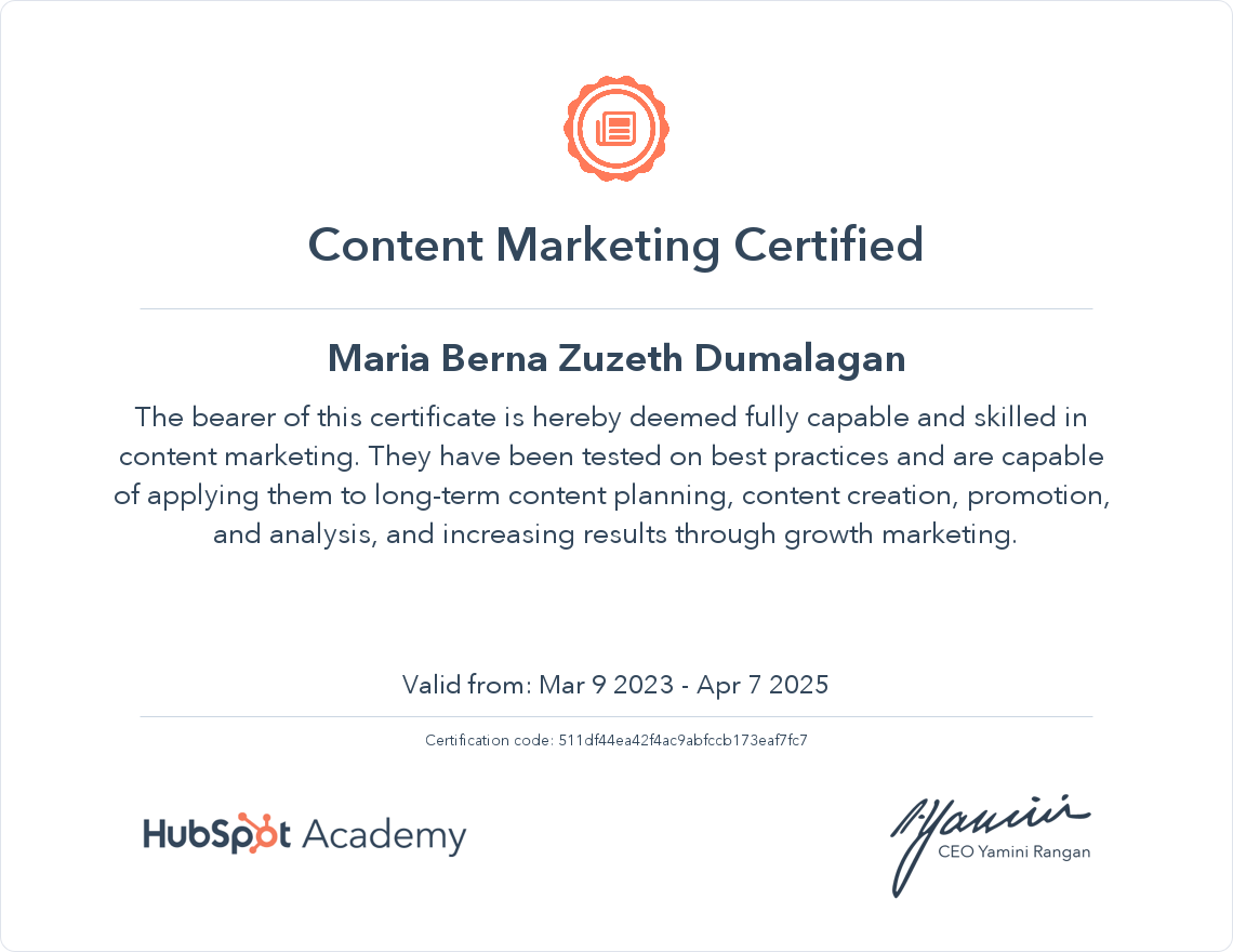 CONTENT/ DIGITAL MARKETING CERTIFIED by HubSpot Academy
