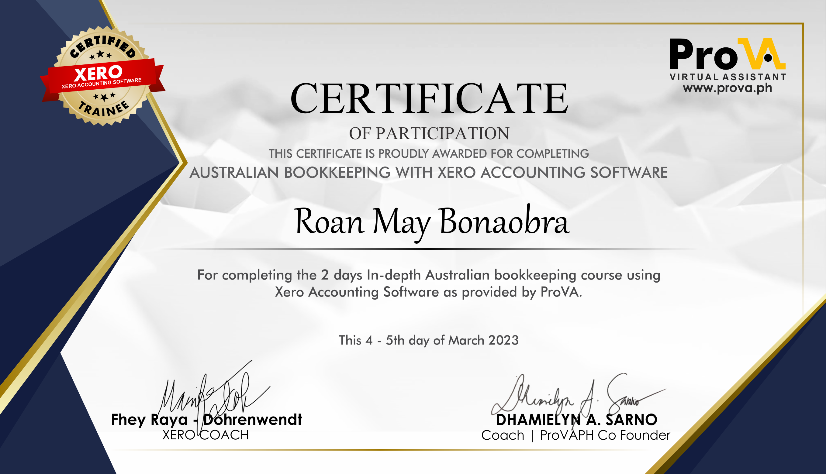 Completion of Completion Australian Bookkeeping with Xero Software