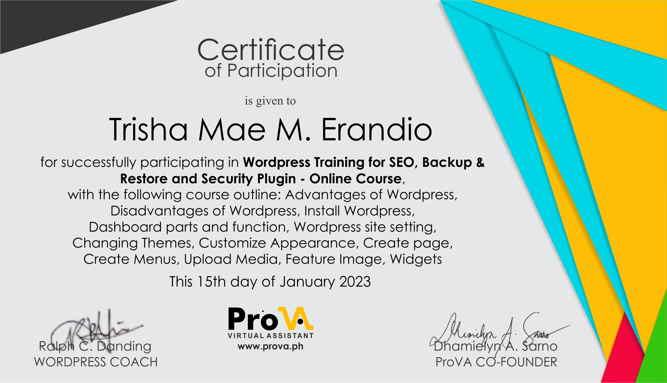 WordPress Development Course Certificate from PRO VA