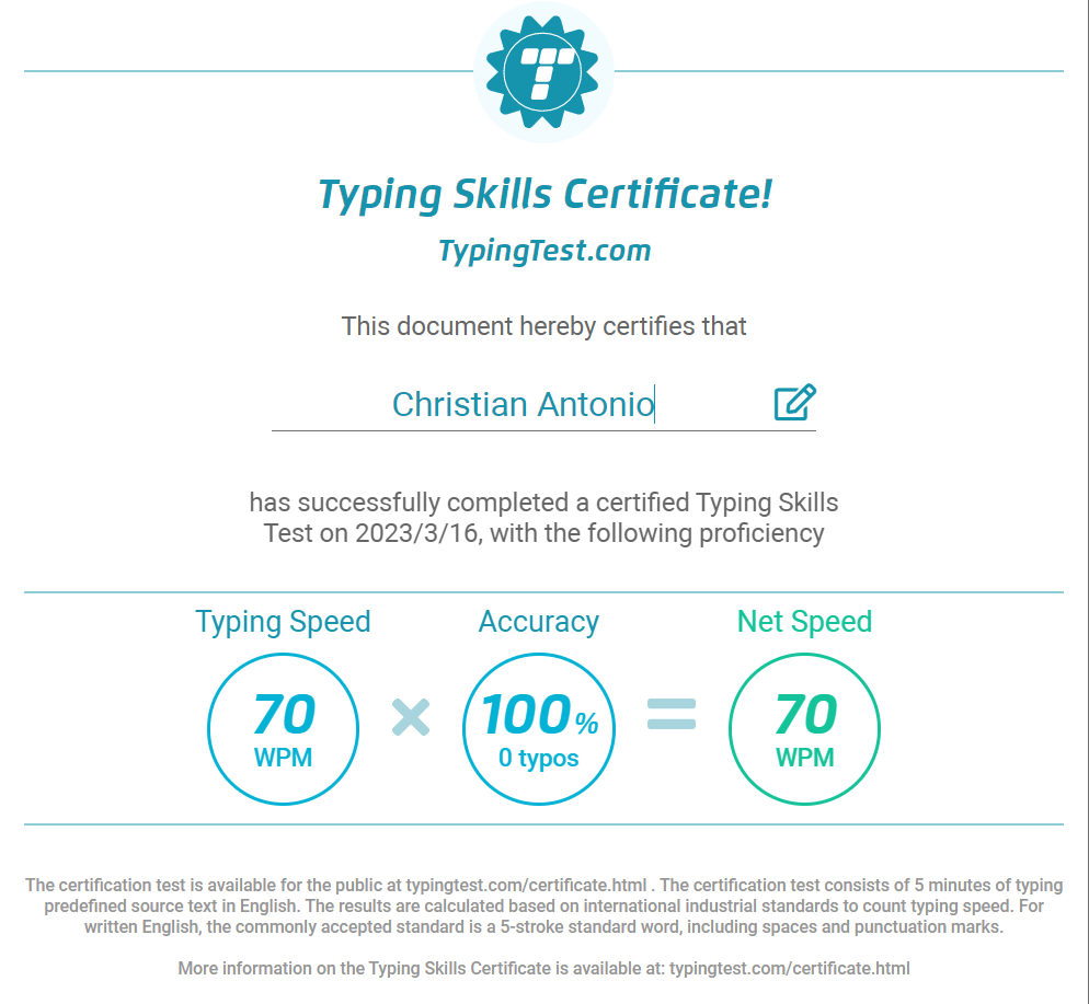 Typing Skill Certificate