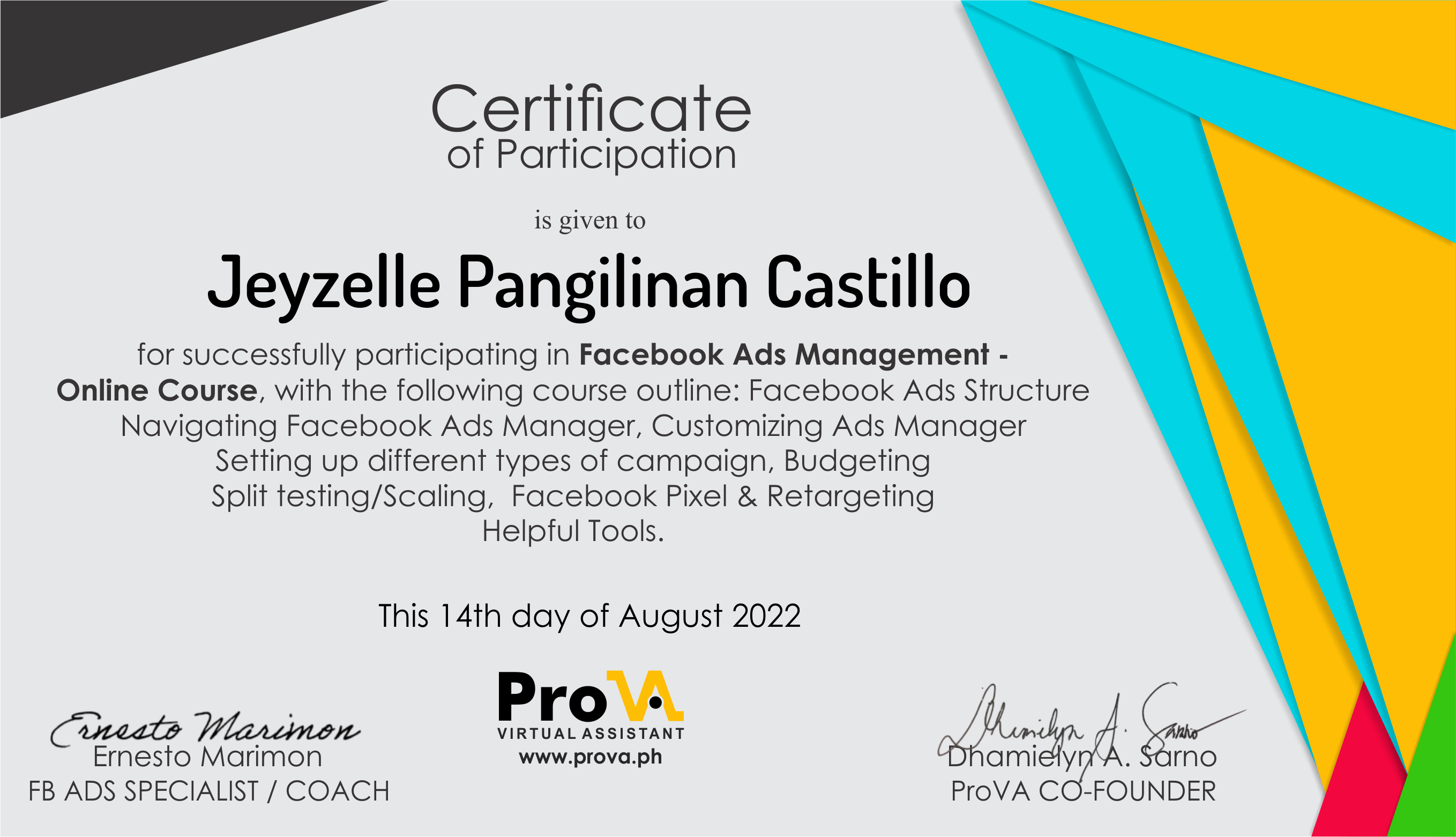 FB Ads Management Training Certificate