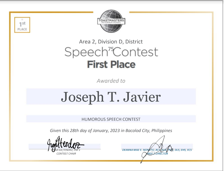 1st Placer in Area Humorous Speech Contest