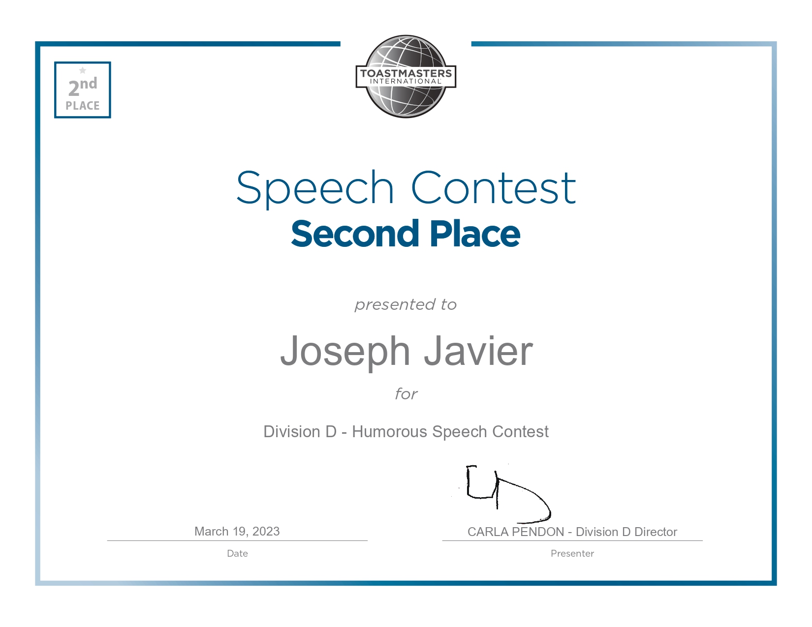 2nd Placer in Division D - Humorous Speech Contest