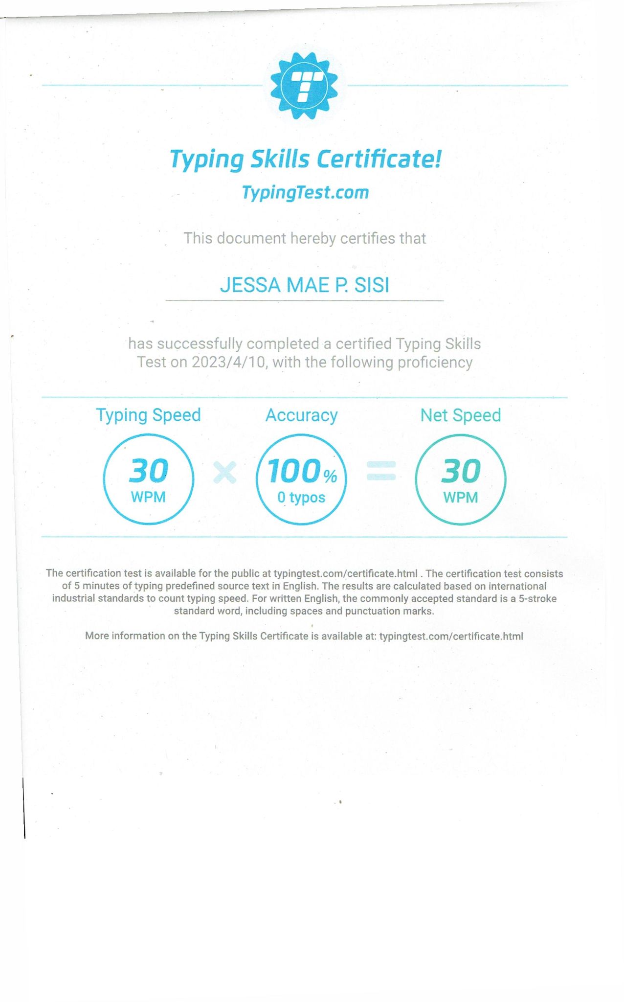 TYPING SKILLS CERTIFIICATE