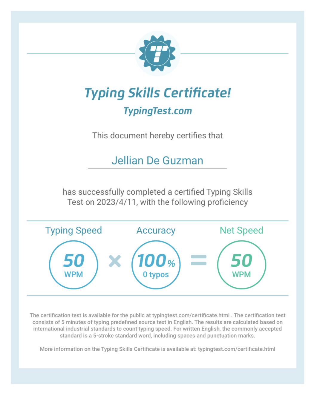Typing Skills Certificate