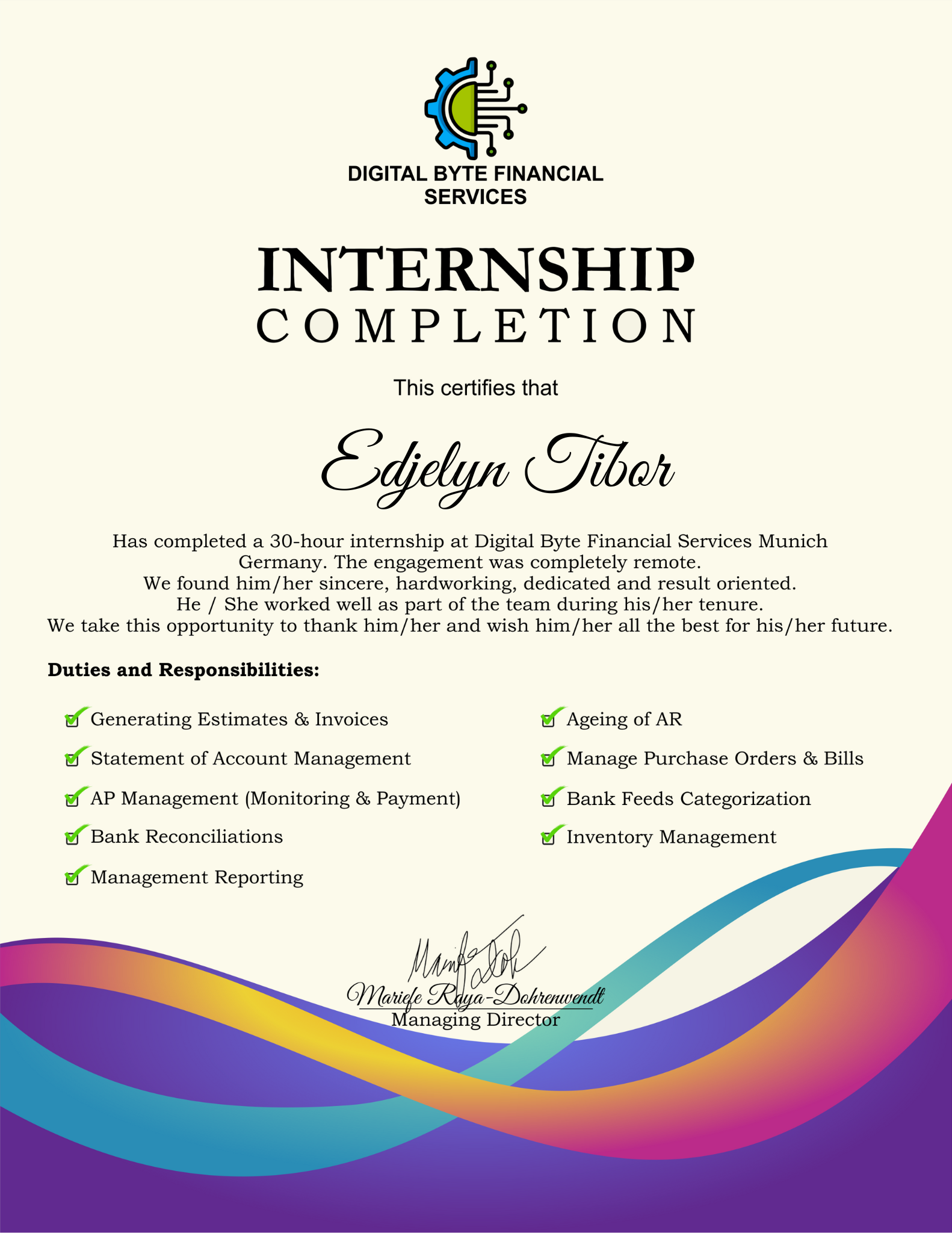 Bookkeeping Internship Completion