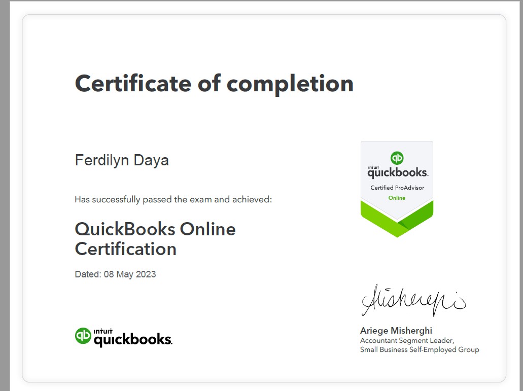 QuickBooks Online Certification Ferdilyn Daya