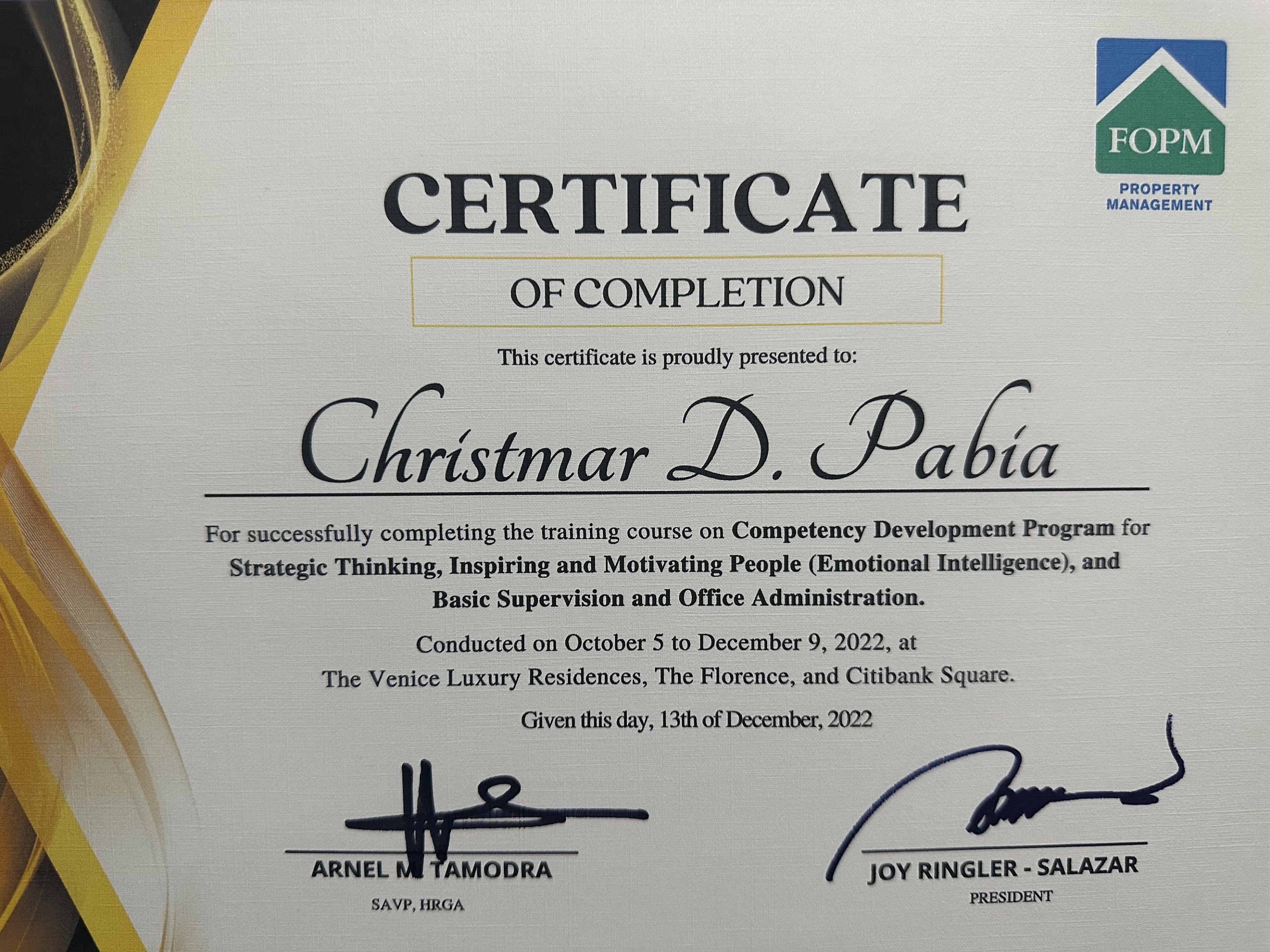 Competency Development Program for Strategic Thinking, Inspiring and Motivating People ( Emotional Intelligence),  and Basic Supervision and Office Administration