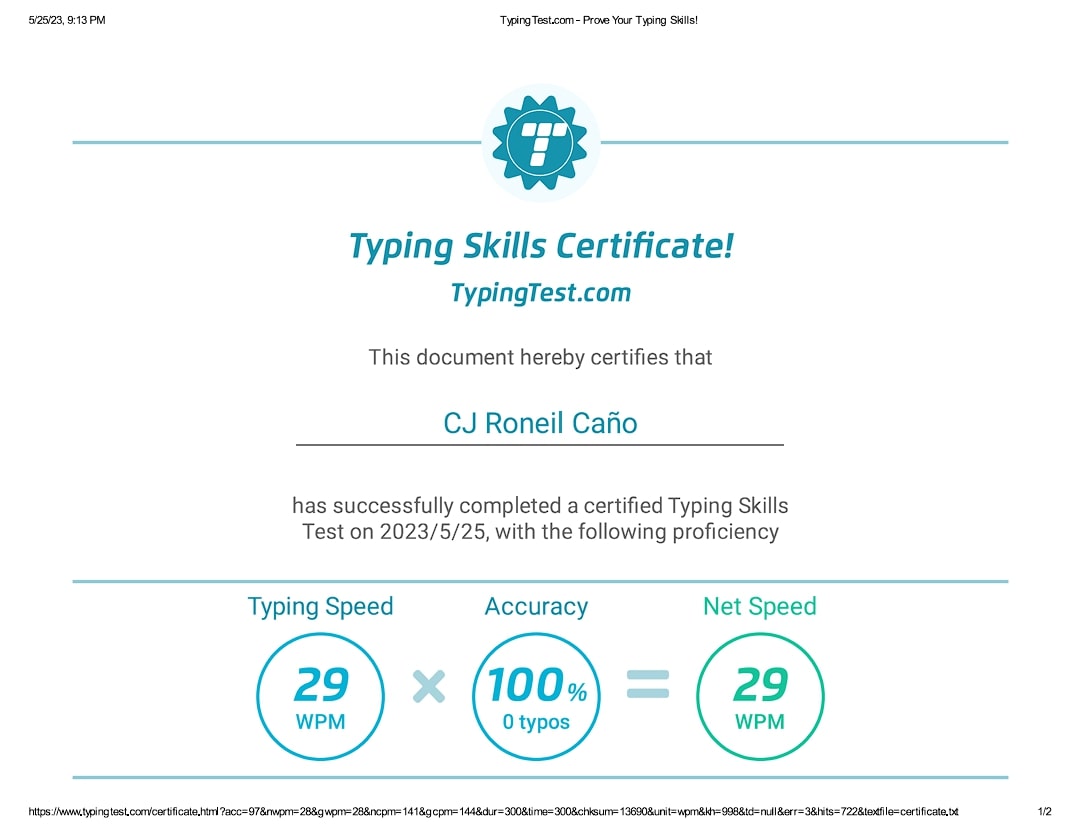 Typing Skills Certificate