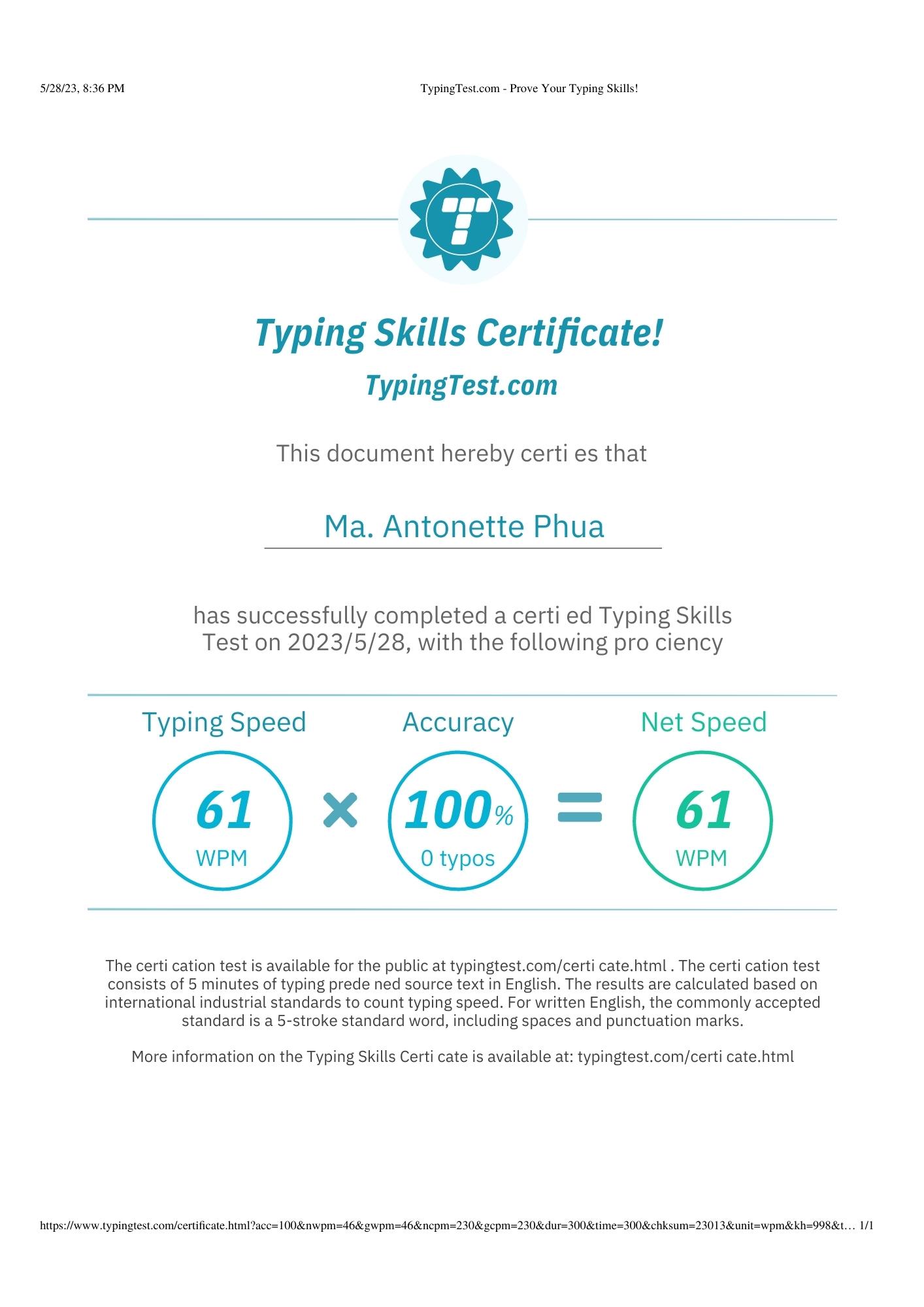 Typing Test Certificate
