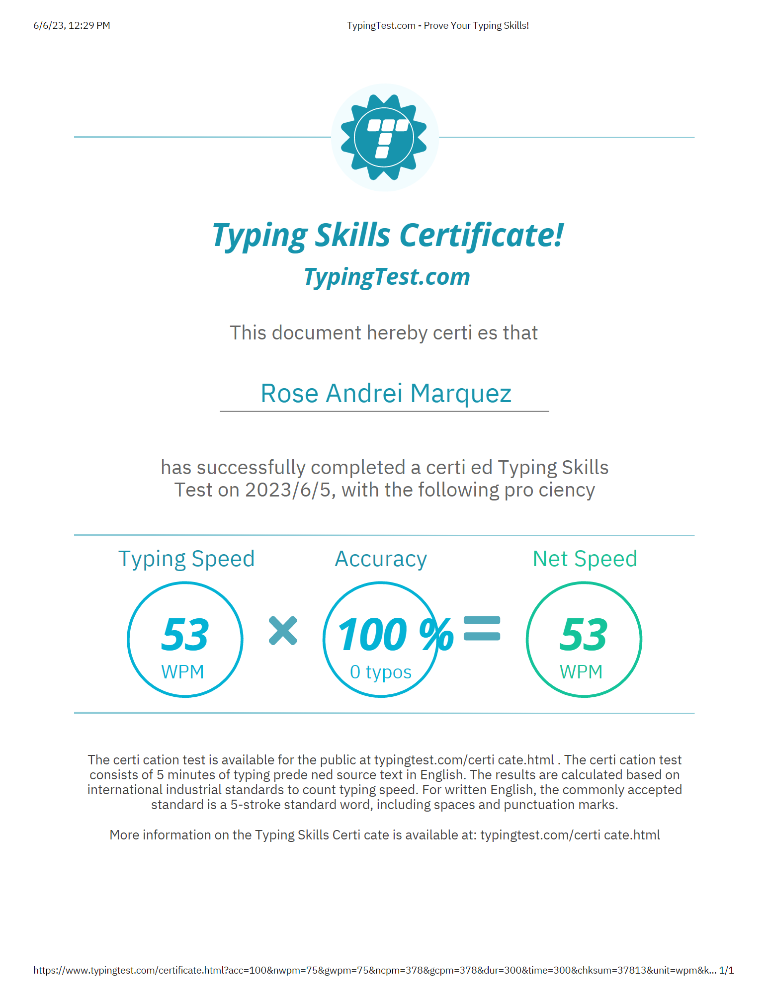Typing Skills Certificate