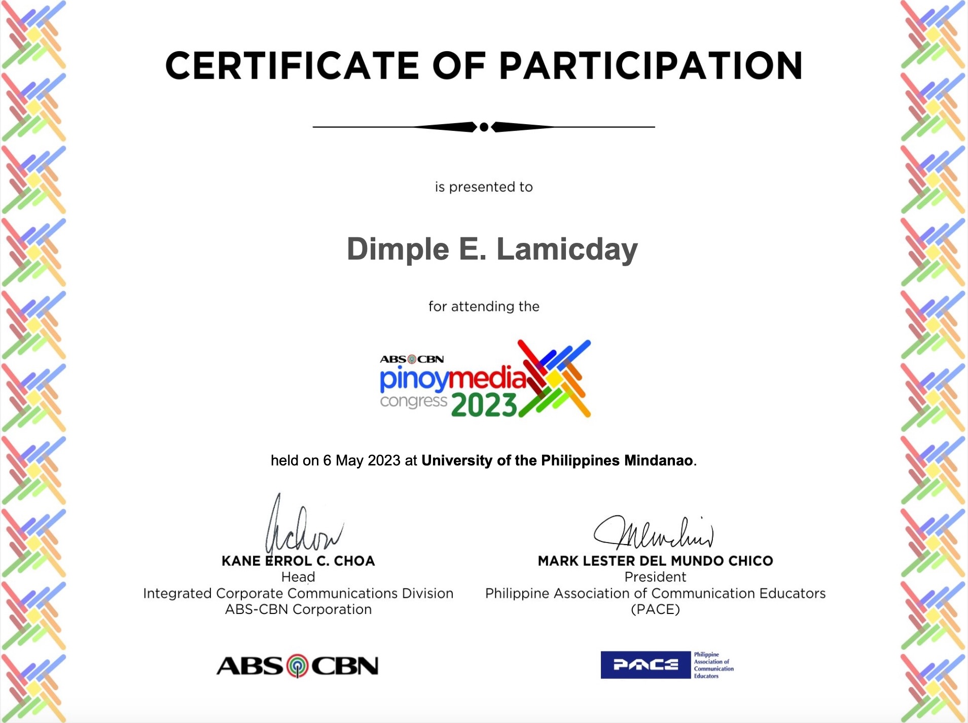 CERTIFICATE OF PARTICIPATION DURING ABS-CBN PINOY MEDIA CONGRESS 2023
