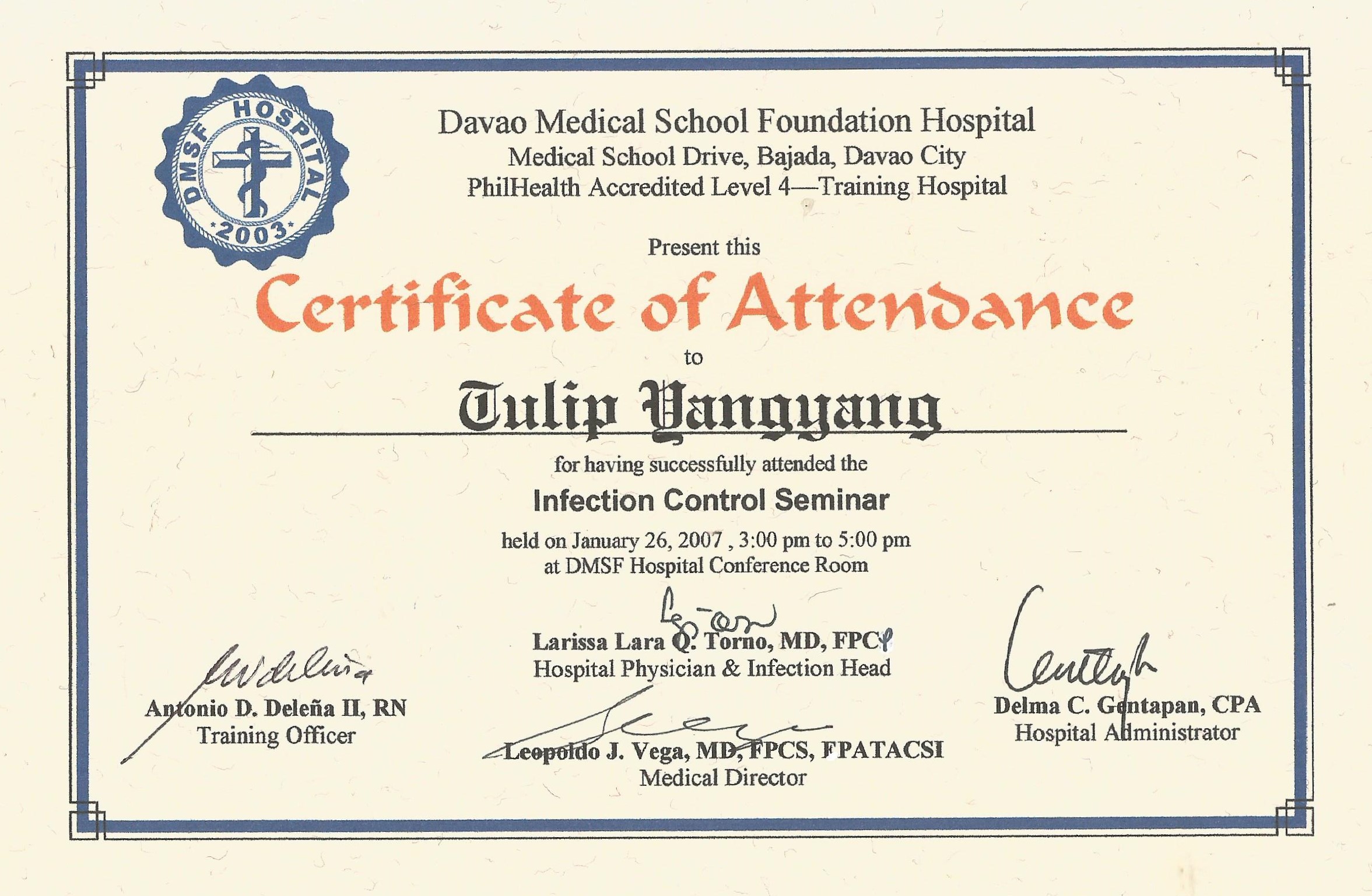 Infection Control Seminar Certificate