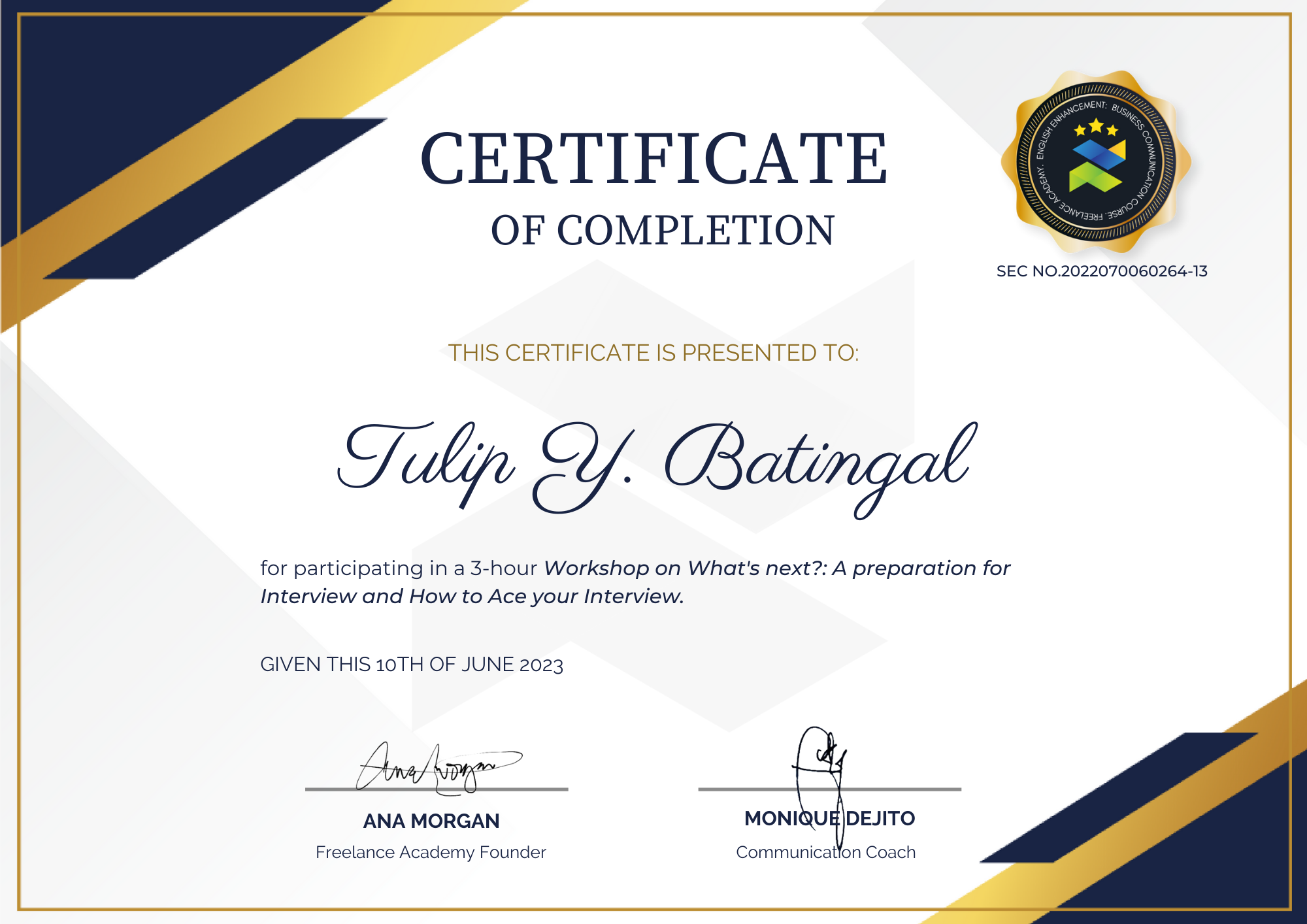 Interview Preparation Workshop Certificate