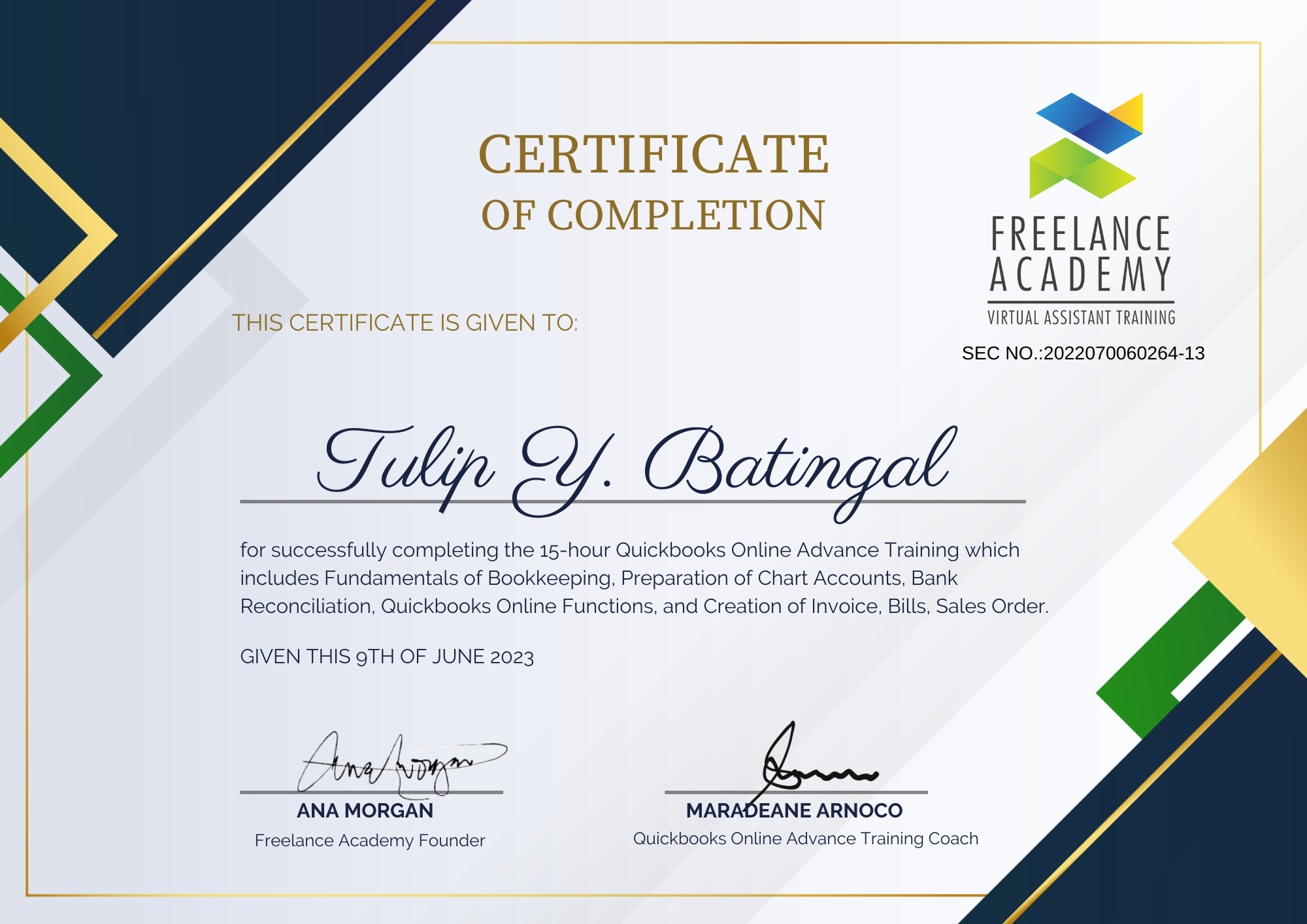 Quickbooks Online Advance Training Certificate